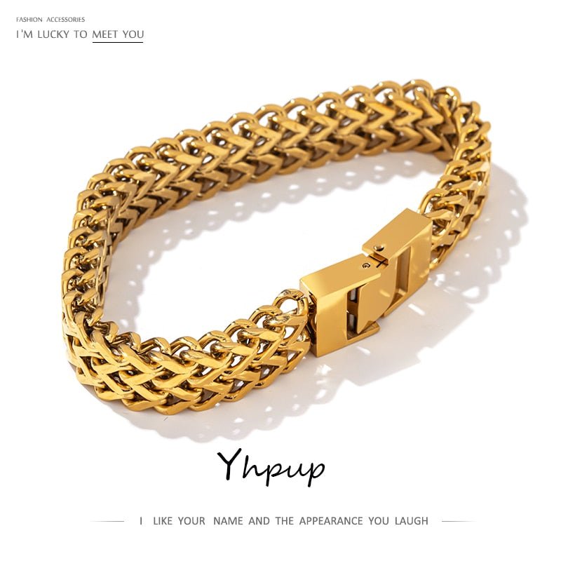 Yhpup Unisex Jewelry Stainless Steel Cuban Link Chain Bracelet Bangle Man Women 18K Plated Gold Heavy Metal Waterproof Bijoux - Jaazi Intl