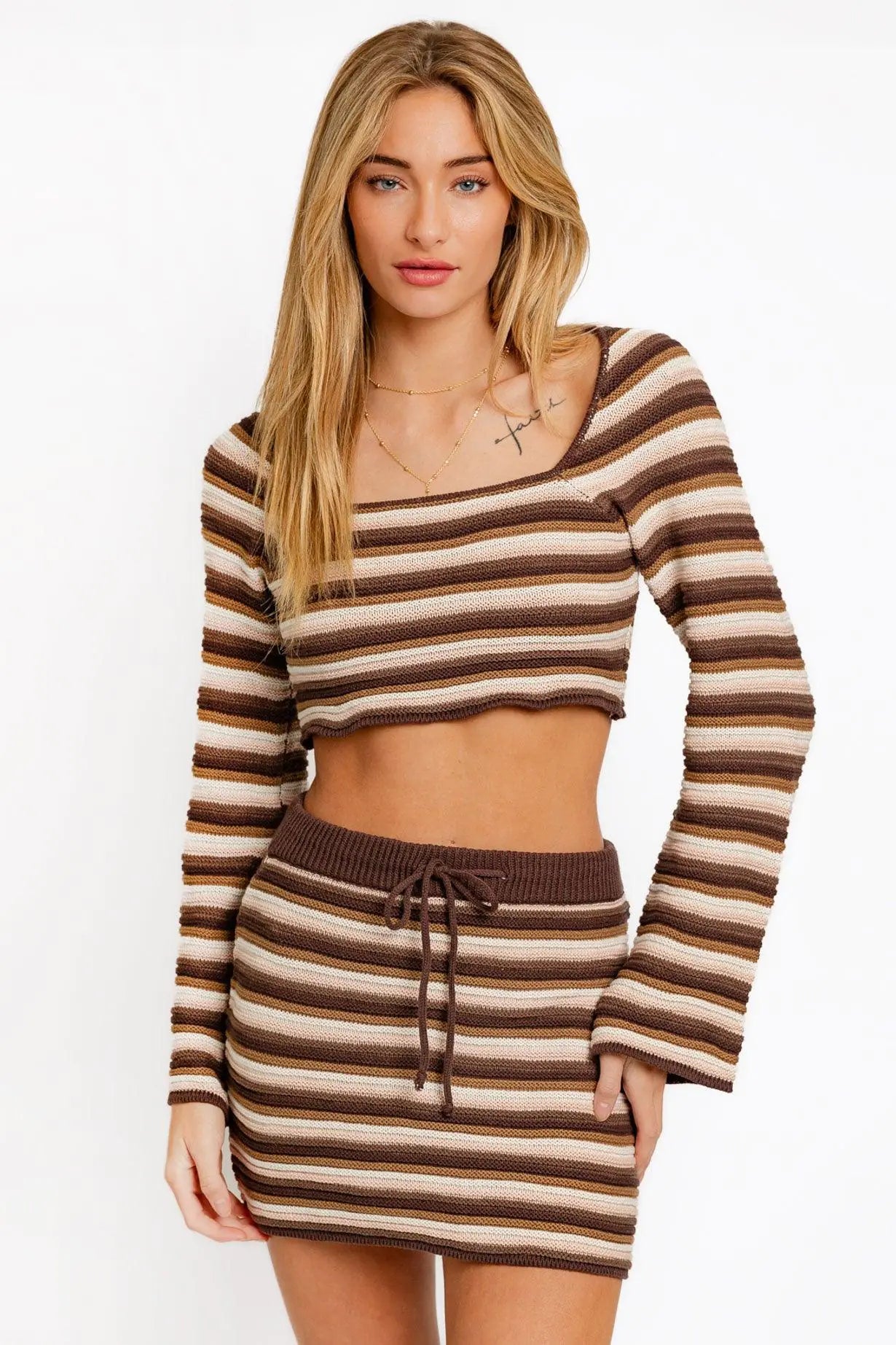 Stripe Crochet Crop Sweater Top & High Waist Skirt Set