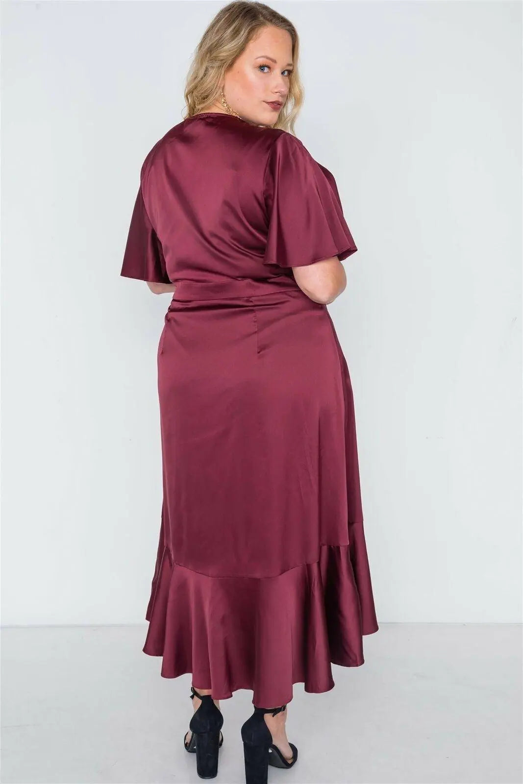 Plus Size Burgundy Satin Flounce Dress