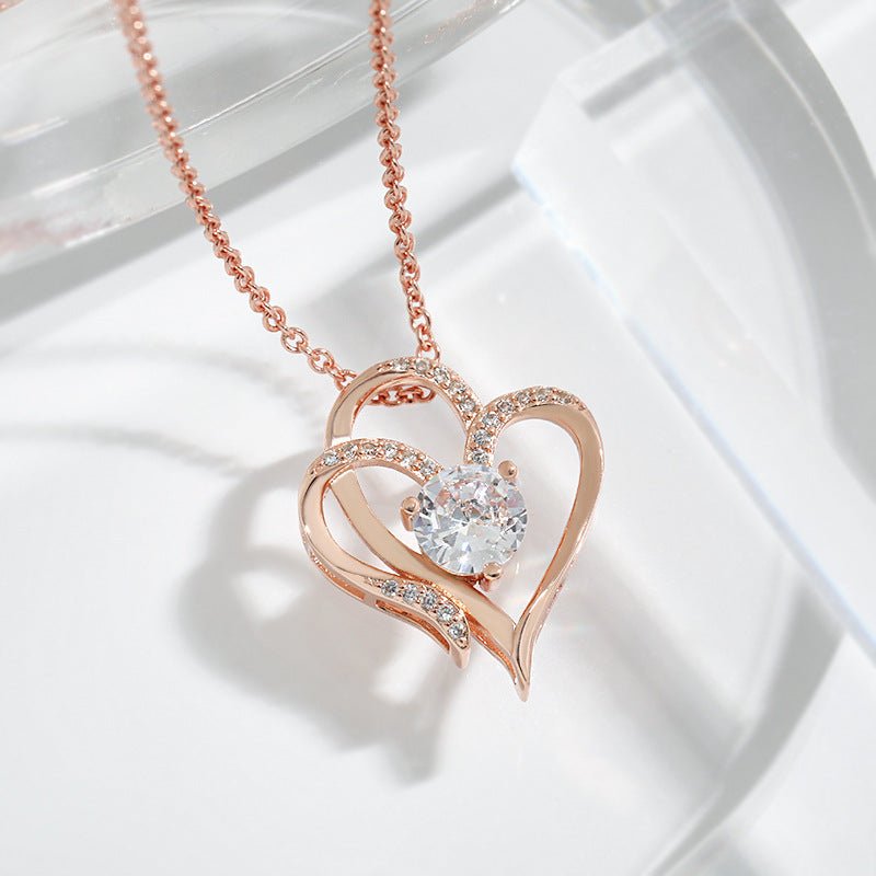 Zircon Double Love Necklace With Rhinestones Ins Personalized Heart-shaped Necklace Clavicle Chain Jewelry For Women Valentine's Day - Jaazi Intl