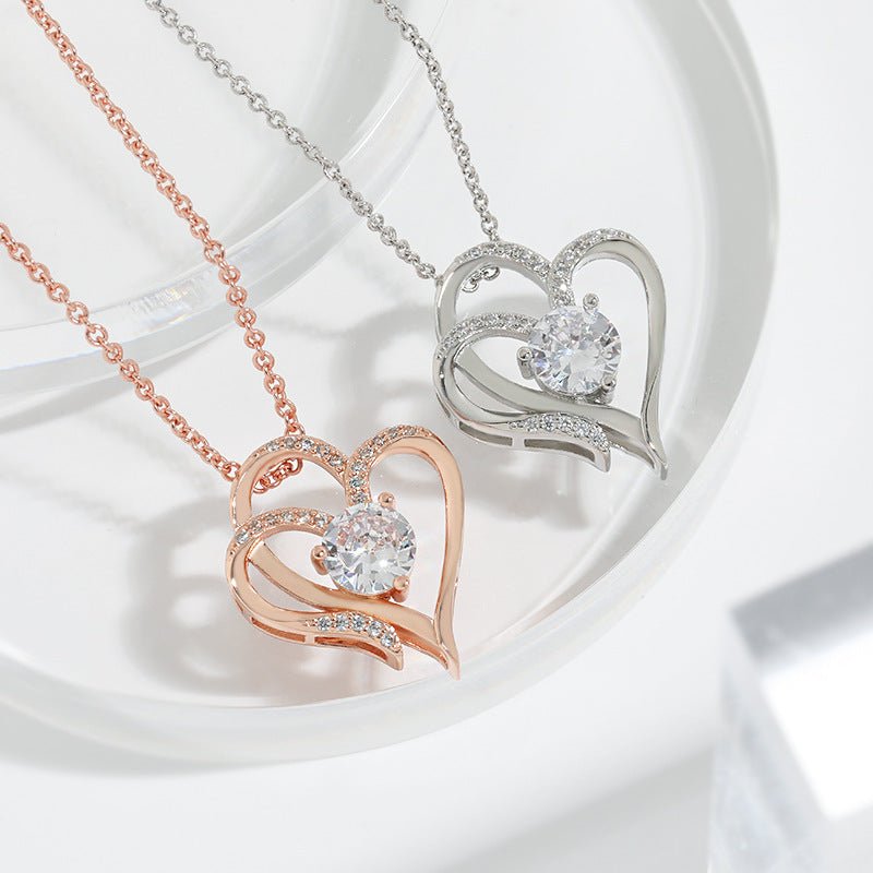 Zircon Double Love Necklace With Rhinestones Ins Personalized Heart-shaped Necklace Clavicle Chain Jewelry For Women Valentine's Day - Jaazi Intl