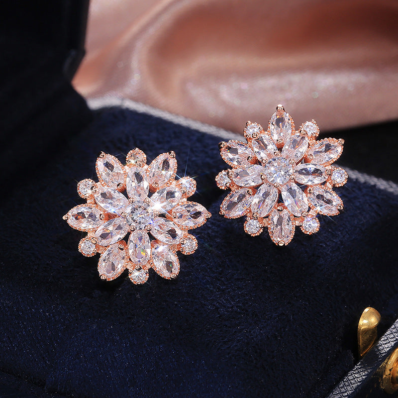 Sunflower Double-layer Zircon Women&#039;s Earrings, Fashionable Women&#039;s Copper Earrings Accessories