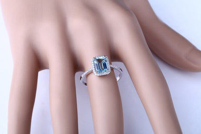 1.65ct Emerald Cut 6x8mm Blue Aquamarine Pave Diamond 14k Gold Engagement Ring - Jaazi Intl