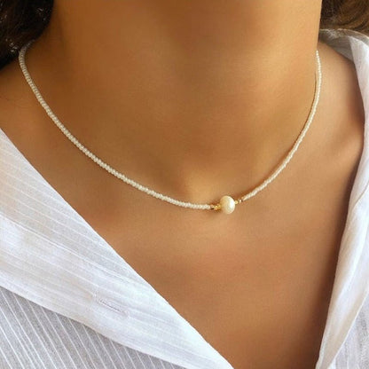 18KGF Nature Pearl Choker Necklace White Pearl Charm Natural Freshwater Pearl Necklace - Jaazi Intl