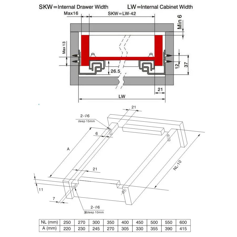 1Pair Rebound Press Push To Open Under Mount Furniture Kitchen Bath Drawer Slide Rail Runner DTC 25KG 2-Fold Half Extention - Jaazi Intl