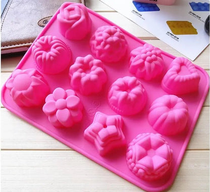 1Piece Small DIY Kitchen Silicon 12 Flowers Form For Muffin Silikon Bakeware Rubber Baking Mould Chocolate Egg Tart Mold 20*16cm - Jaazi Intl