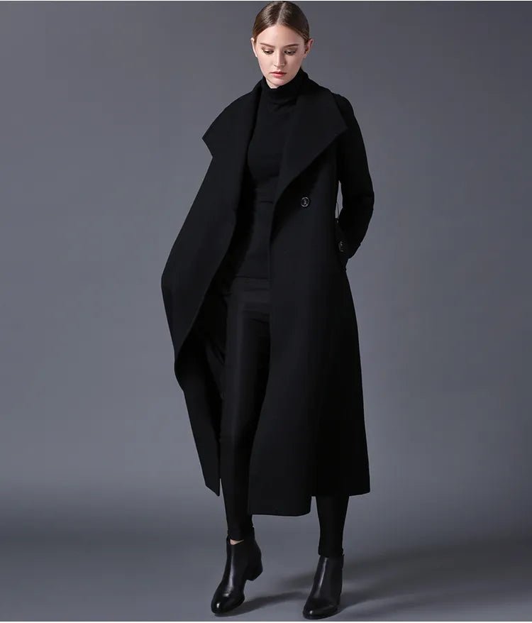 2019 winter women's wool coat lapel black dark blue long section listing - Jaazi Intl