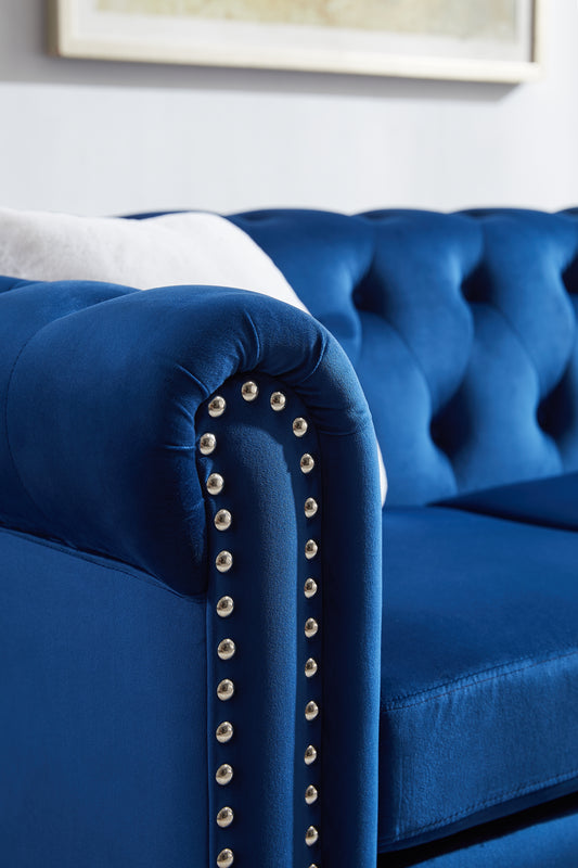 Sofa chair, with button and copper nail on arms and back, one white villose pillow, velvet Blue (38&quot;x34.5&quot;x30&quot;)