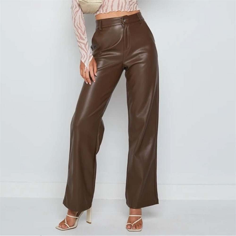 2022 Autumn And Winter European Women&amp;#039;s Clothing Hot Style PU Long Leather Pants Women&amp;#039;s Casual Wide Leg Pants High Waist Straight Women&amp;#039;s Leather Pants Wholesale - Jaazi Intl