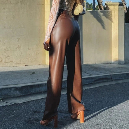 2022 Autumn And Winter European Women&amp;#039;s Clothing Hot Style PU Long Leather Pants Women&amp;#039;s Casual Wide Leg Pants High Waist Straight Women&amp;#039;s Leather Pants Wholesale - Jaazi Intl