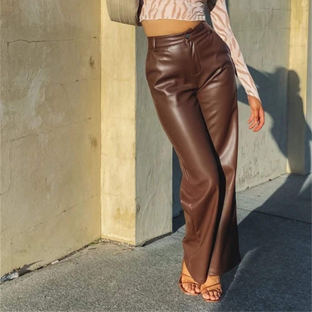 2022 Autumn And Winter European Women&amp;#039;s Clothing Hot Style PU Long Leather Pants Women&amp;#039;s Casual Wide Leg Pants High Waist Straight Women&amp;#039;s Leather Pants Wholesale - Jaazi Intl