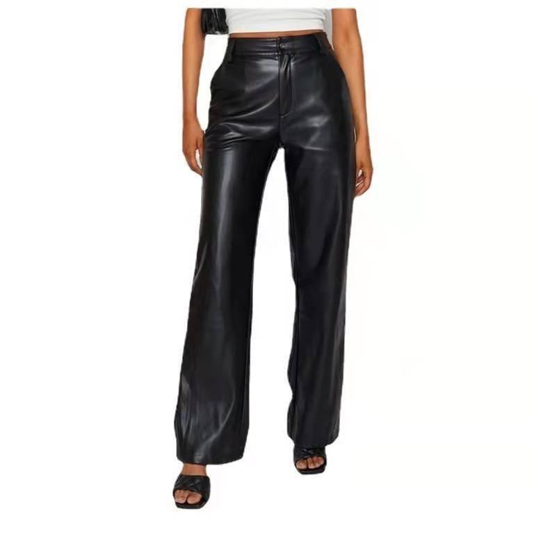 2022 Autumn And Winter European Women&amp;#039;s Clothing Hot Style PU Long Leather Pants Women&amp;#039;s Casual Wide Leg Pants High Waist Straight Women&amp;#039;s Leather Pants Wholesale - Jaazi Intl