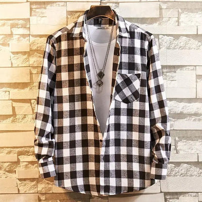 2022 New Men Casual Plaid Flannel Shirt Long-Sleeved Chest with Pocket Design Fashion Boy Young Button Clothes - Jaazi Intl