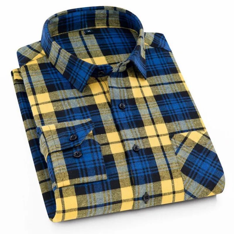 2022 New Men Casual Plaid Flannel Shirt Long-Sleeved Chest with Pocket Design Fashion Boy Young Button Clothes - Jaazi Intl