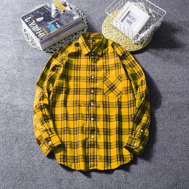 2022 New Men Casual Plaid Flannel Shirt Long-Sleeved Chest with Pocket Design Fashion Boy Young Button Clothes - Jaazi Intl