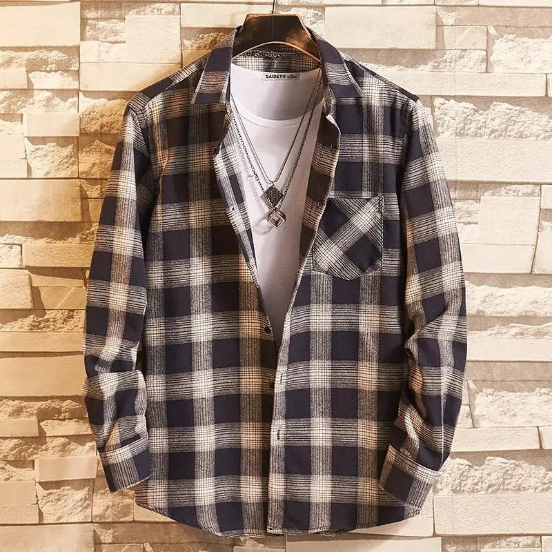 2022 New Men Casual Plaid Flannel Shirt Long-Sleeved Chest with Pocket Design Fashion Boy Young Button Clothes - Jaazi Intl