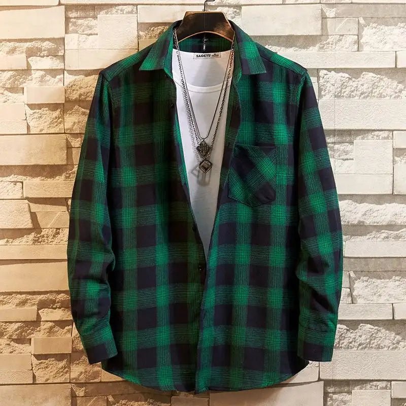 2022 New Men Casual Plaid Flannel Shirt Long-Sleeved Chest with Pocket Design Fashion Boy Young Button Clothes - Jaazi Intl