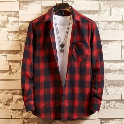 2022 New Men Casual Plaid Flannel Shirt Long-Sleeved Chest with Pocket Design Fashion Boy Young Button Clothes - Jaazi Intl