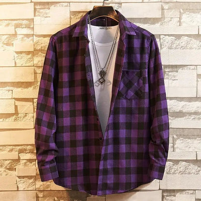 2022 New Men Casual Plaid Flannel Shirt Long-Sleeved Chest with Pocket Design Fashion Boy Young Button Clothes - Jaazi Intl