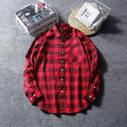 2022 New Men Casual Plaid Flannel Shirt Long-Sleeved Chest with Pocket Design Fashion Boy Young Button Clothes - Jaazi Intl