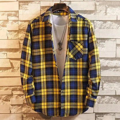 2022 New Men Casual Plaid Flannel Shirt Long-Sleeved Chest with Pocket Design Fashion Boy Young Button Clothes - Jaazi Intl