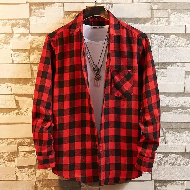 2022 New Men Casual Plaid Flannel Shirt Long-Sleeved Chest with Pocket Design Fashion Boy Young Button Clothes - Jaazi Intl