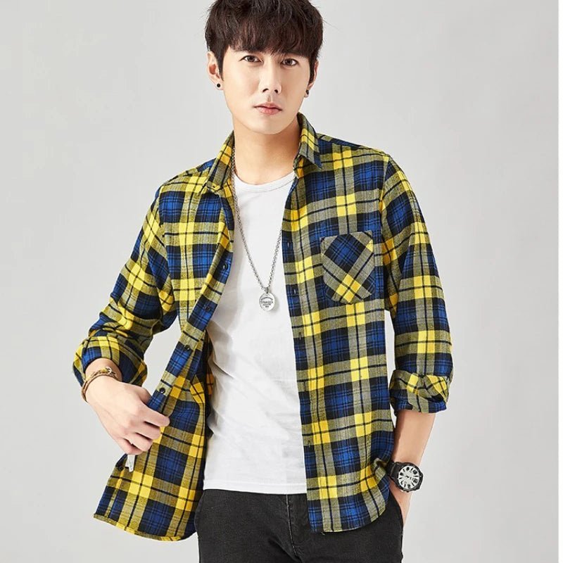 2022 New Men Casual Plaid Flannel Shirt Long-Sleeved Chest with Pocket Design Fashion Boy Young Button Clothes - Jaazi Intl