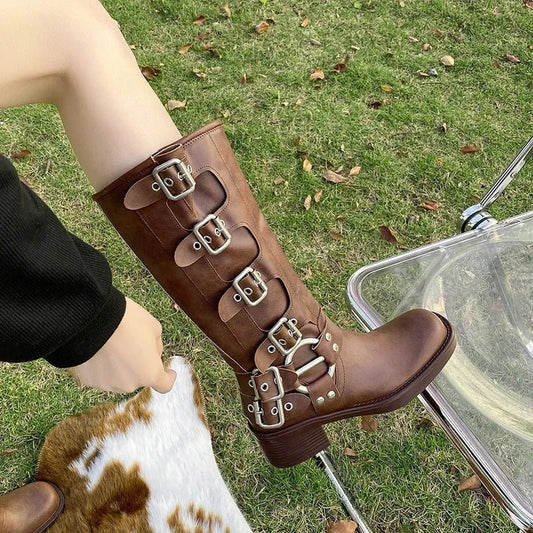 2023 Fashion Shoes for Women Basic Women's Boots Retro Knee-High Boots Women Belt Buckle Round Toe Slip on Med Heel Shoes Female - Jaazi Intl