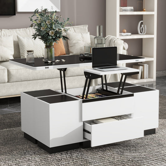 Modern White Lift Top Glass Coffee Table with Drawers &amp; Storage Multifunction Table