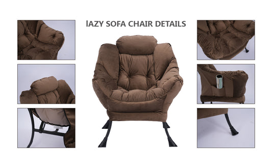 Living Room Chairs Modern Cotton Fabric Lazy Chair, Accent Contemporary Lounge Chair, Single Steel Frame Leisure Sofa Chair with Armrests and A Side Pocket (Brown ),with ottoman ,with footrest