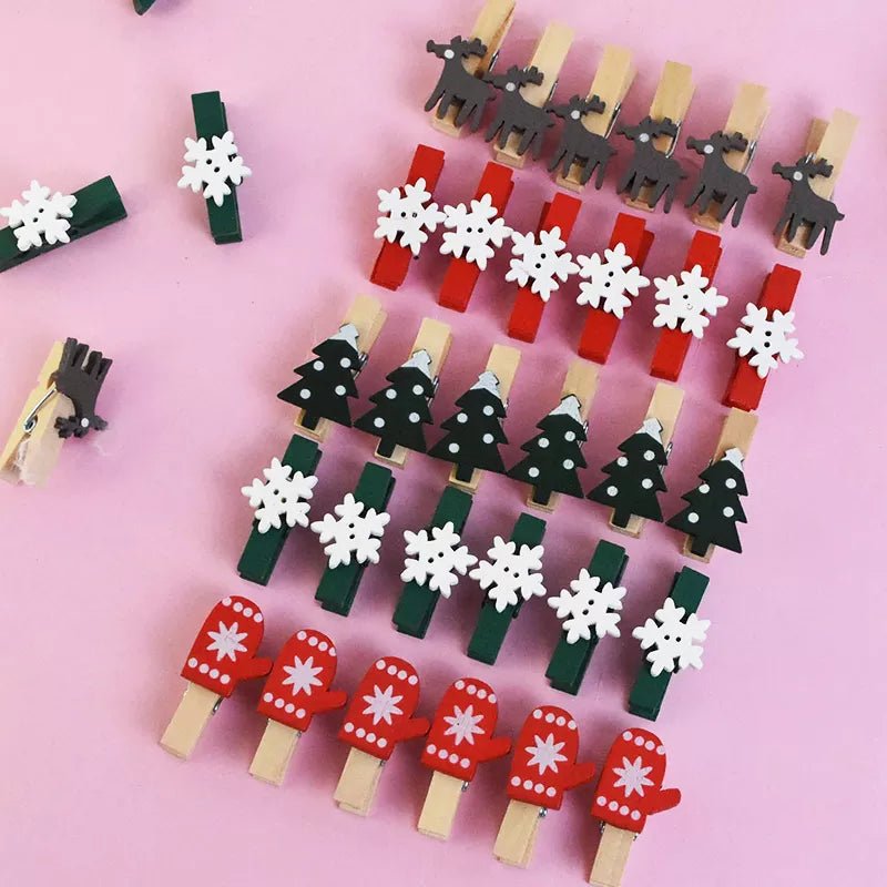 20Pcs/Lot Christmas Tree Elk Goves Wood Clips Snowflake Mini Wooden Clothes Photo Frame Paper Peg Pin Clothespin Craft Clips - Jaazi Intl