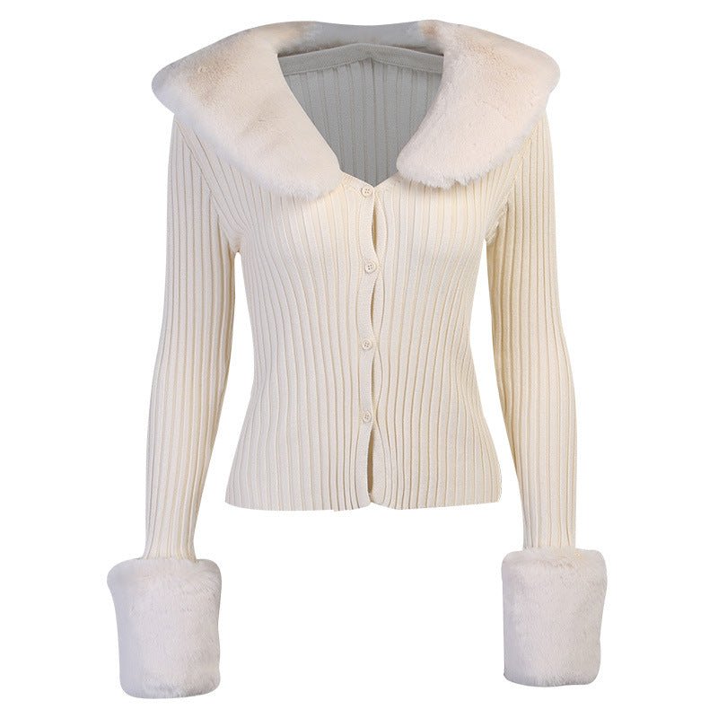 23413P Sexy Fur Collar Knitted Jacket Top For Women 2023 European And American Foreign Trade Spring New Long-sleeved Top - Jaazi Intl