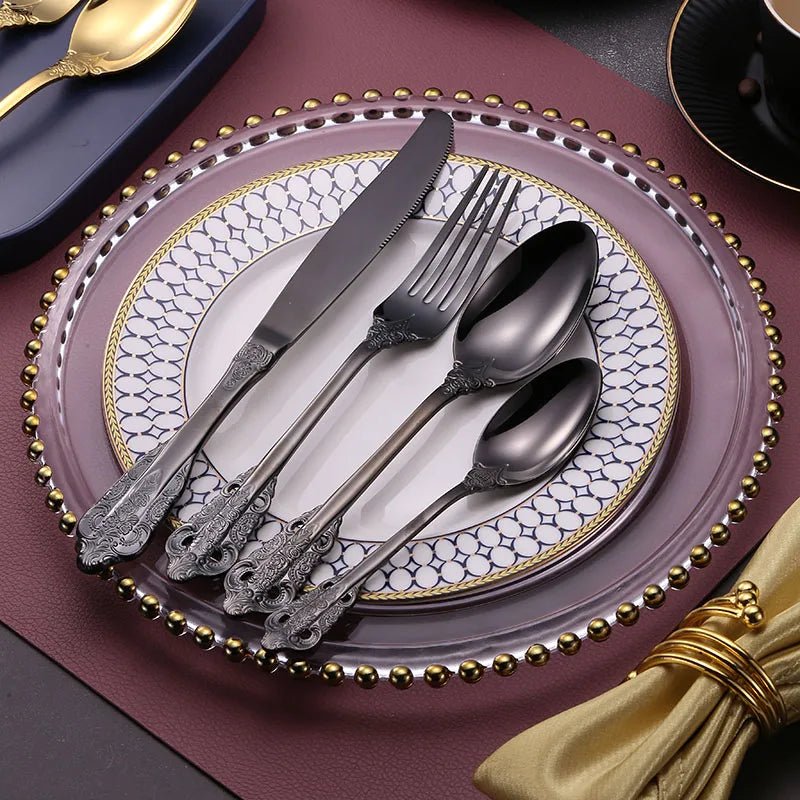 24 Pcs 18/10 Stainless Steel Black Gold Silver Cutlery Dinnerware Meat Knives Coffee Spoon Fork Flatware Set Dishwasher Safe - Jaazi Intl