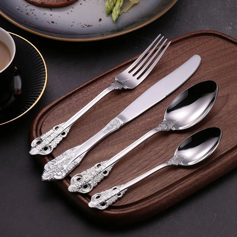 24 Pcs 18/10 Stainless Steel Black Gold Silver Cutlery Dinnerware Meat Knives Coffee Spoon Fork Flatware Set Dishwasher Safe - Jaazi Intl