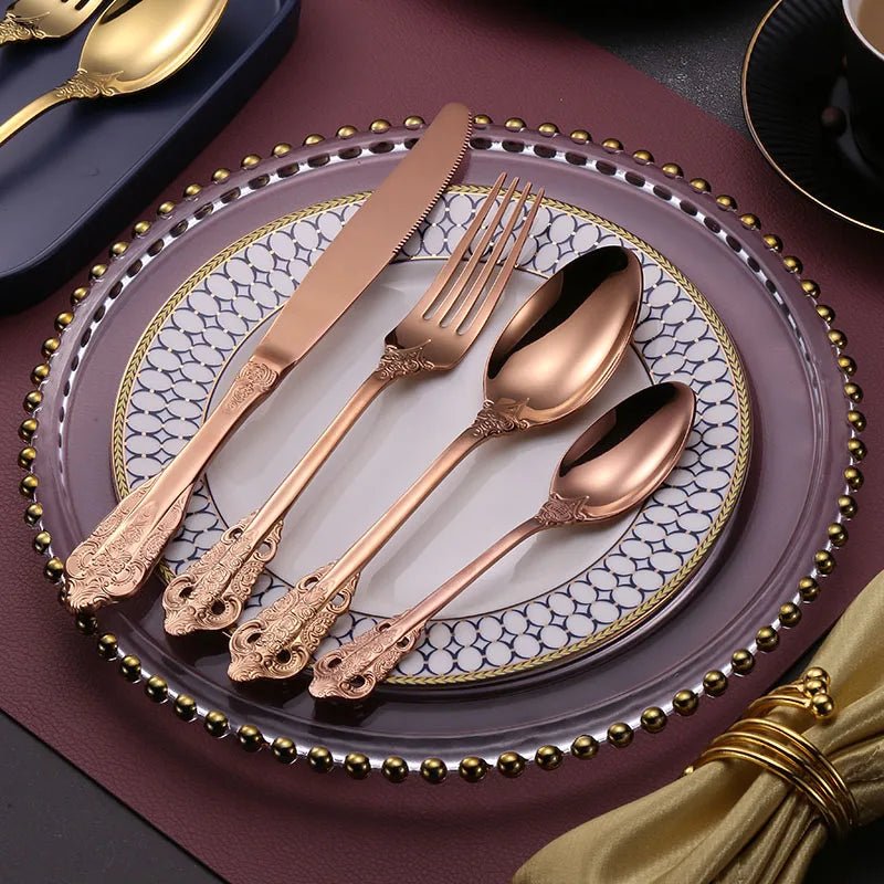 24 Pcs 18/10 Stainless Steel Black Gold Silver Cutlery Dinnerware Meat Knives Coffee Spoon Fork Flatware Set Dishwasher Safe - Jaazi Intl