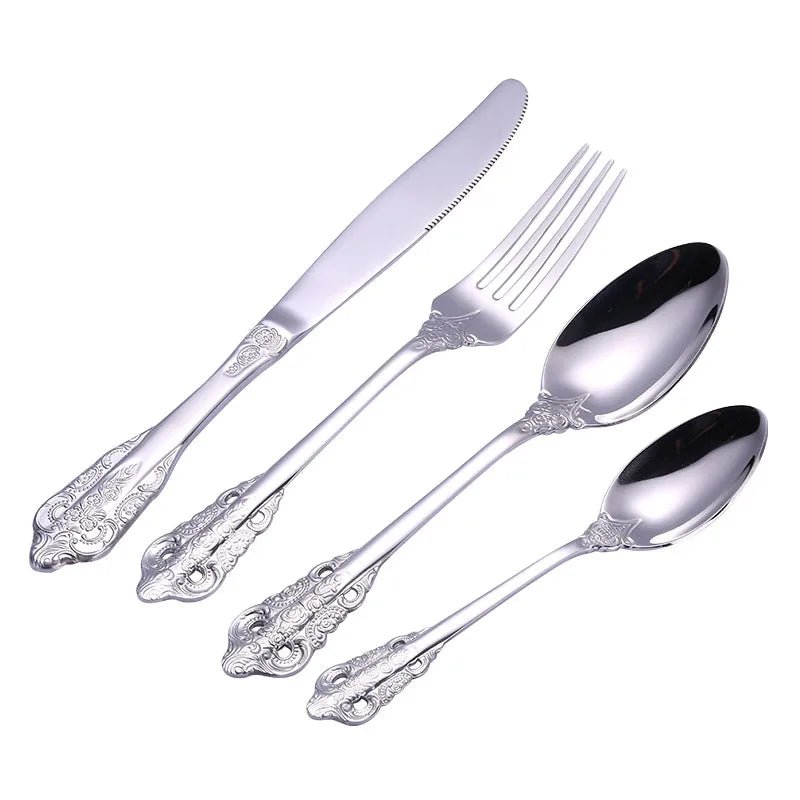 24 Pcs 18/10 Stainless Steel Black Gold Silver Cutlery Dinnerware Meat Knives Coffee Spoon Fork Flatware Set Dishwasher Safe - Jaazi Intl
