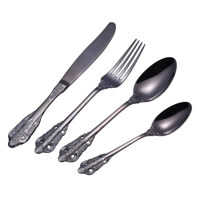 24 Pcs 18/10 Stainless Steel Black Gold Silver Cutlery Dinnerware Meat Knives Coffee Spoon Fork Flatware Set Dishwasher Safe - Jaazi Intl
