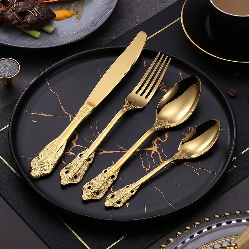 24 Pcs 18/10 Stainless Steel Black Gold Silver Cutlery Dinnerware Meat Knives Coffee Spoon Fork Flatware Set Dishwasher Safe - Jaazi Intl