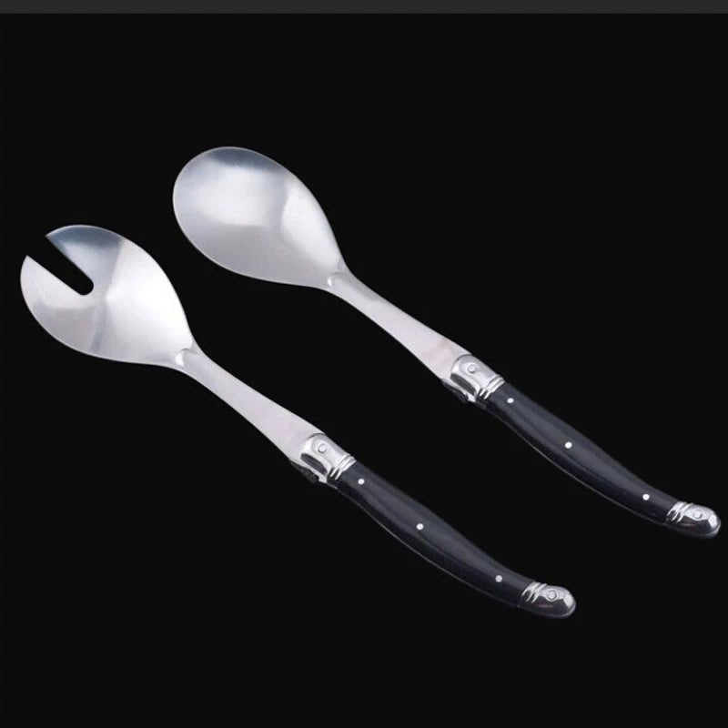 2pcs 10'' Salad Spoon set Laguiole Stainless steel Spoon Western Dinnerware Black ABS Handle Party Cake Dessert Tool Kitchen - Jaazi Intl