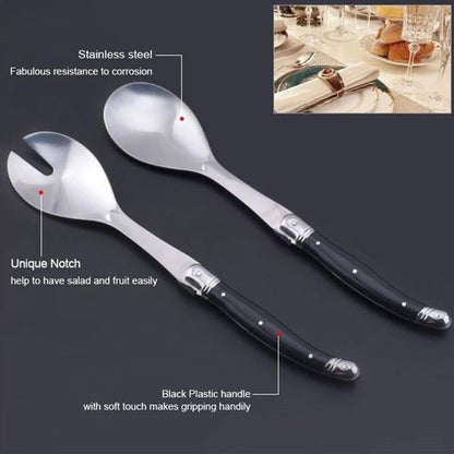 2pcs 10'' Salad Spoon set Laguiole Stainless steel Spoon Western Dinnerware Black ABS Handle Party Cake Dessert Tool Kitchen - Jaazi Intl