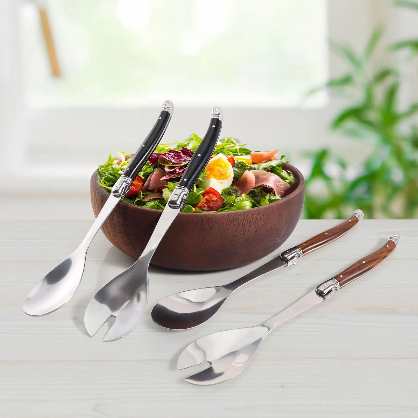 2pcs 10'' Salad Spoon set Laguiole Stainless steel Spoon Western Dinnerware Black ABS Handle Party Cake Dessert Tool Kitchen - Jaazi Intl