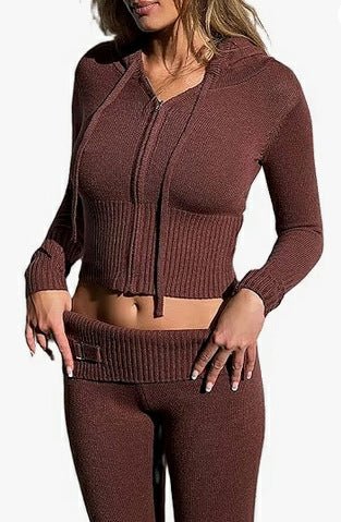 2pcs Knitted Hooded Suits Women's Long-sleeved Cardigan And High Waisted Trousers Clothing - Jaazi Intl