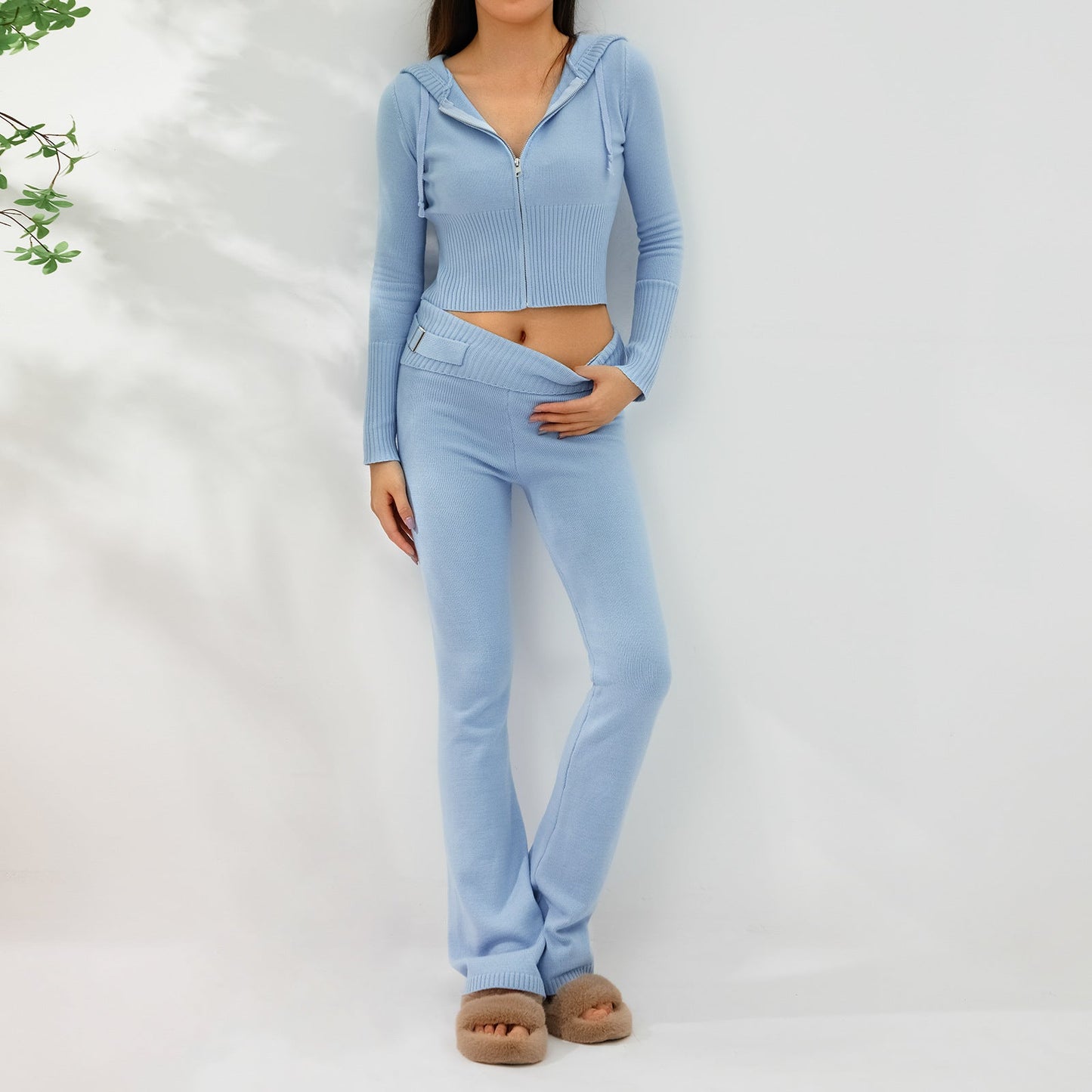 2pcs Knitted Hooded Suits Women's Long-sleeved Cardigan And High Waisted Trousers Clothing - Jaazi Intl