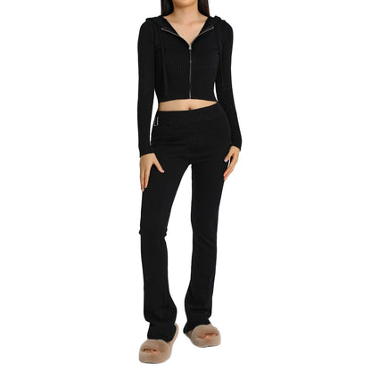 2pcs Knitted Hooded Suits Women's Long-sleeved Cardigan And High Waisted Trousers Clothing - Jaazi Intl