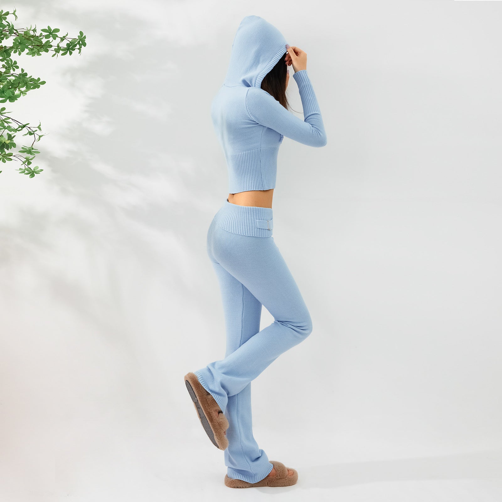 2pcs Knitted Hooded Suits Women's Long-sleeved Cardigan And High Waisted Trousers Clothing - Jaazi Intl