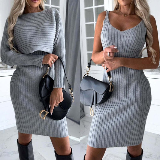 2pcs Suit Women's Solid Stripe Long-sleeved Top And Tight Suspender Skirt Fashion Autumn Winter Slim Clothing - Jaazi Intl