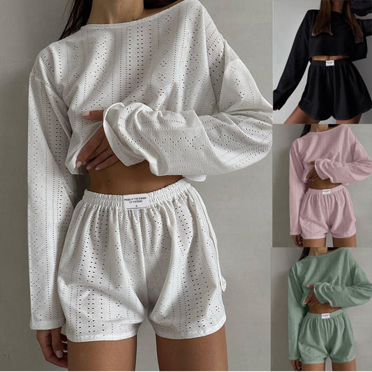 2pcs Women's Suit Long Sleeve Pullover Top And Shorts Fashion Simple Slim Fit Loose Hollow-out Design Suits - Jaazi Intl