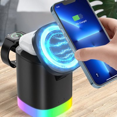 3 In 1 Magnetic Wireless Fast Charger For Smart Phone RGB Ambient Light Charging Station For Airpods IWatch - Jaazi Intl