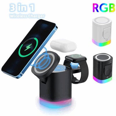 3 In 1 Magnetic Wireless Fast Charger For Smart Phone RGB Ambient Light Charging Station For Airpods IWatch - Jaazi Intl