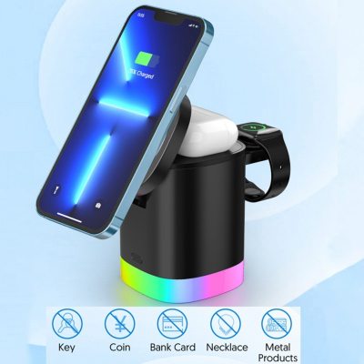 3 In 1 Magnetic Wireless Fast Charger For Smart Phone RGB Ambient Light Charging Station For Airpods IWatch - Jaazi Intl